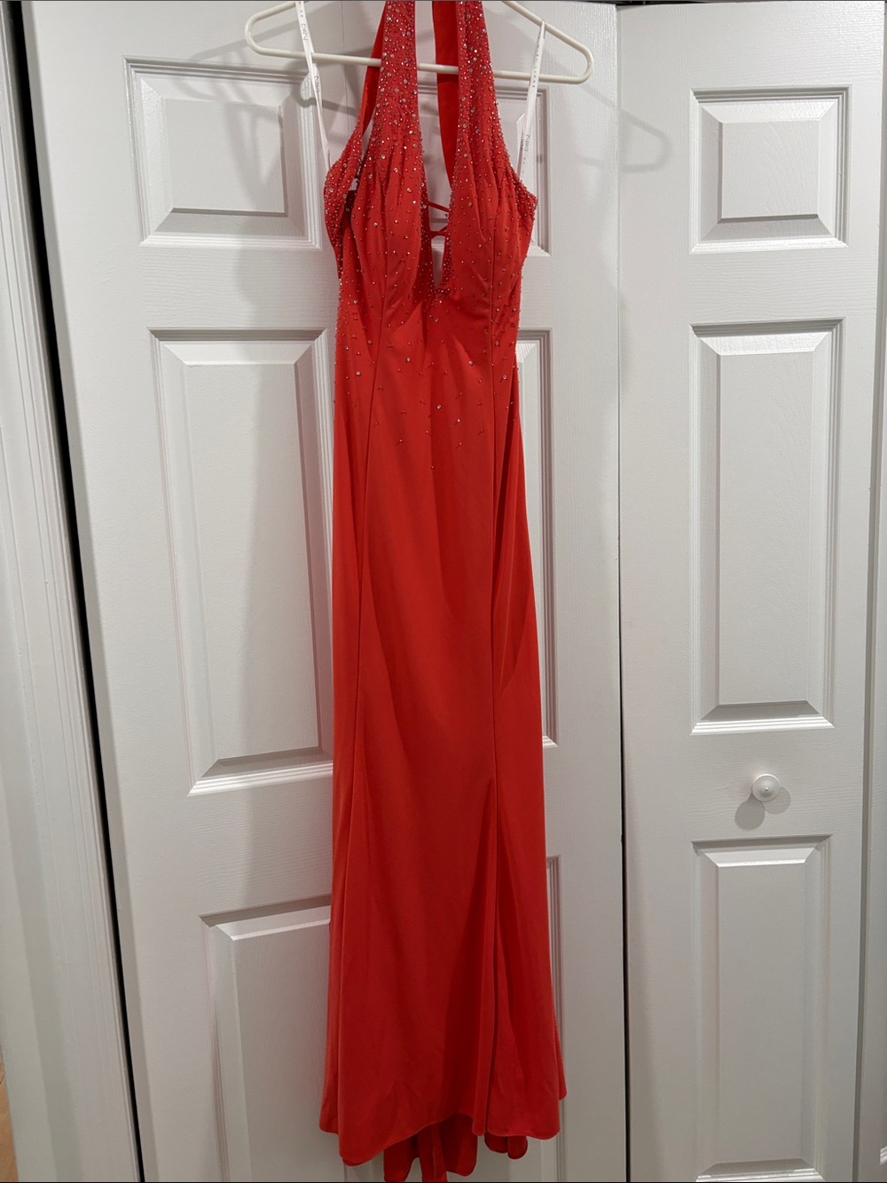 Orange Halter Evening Dress with Embellished Bodice